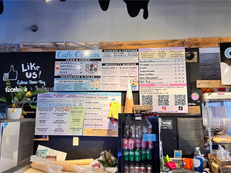 Ice Cream Menu Cafe Cream and Mylo's